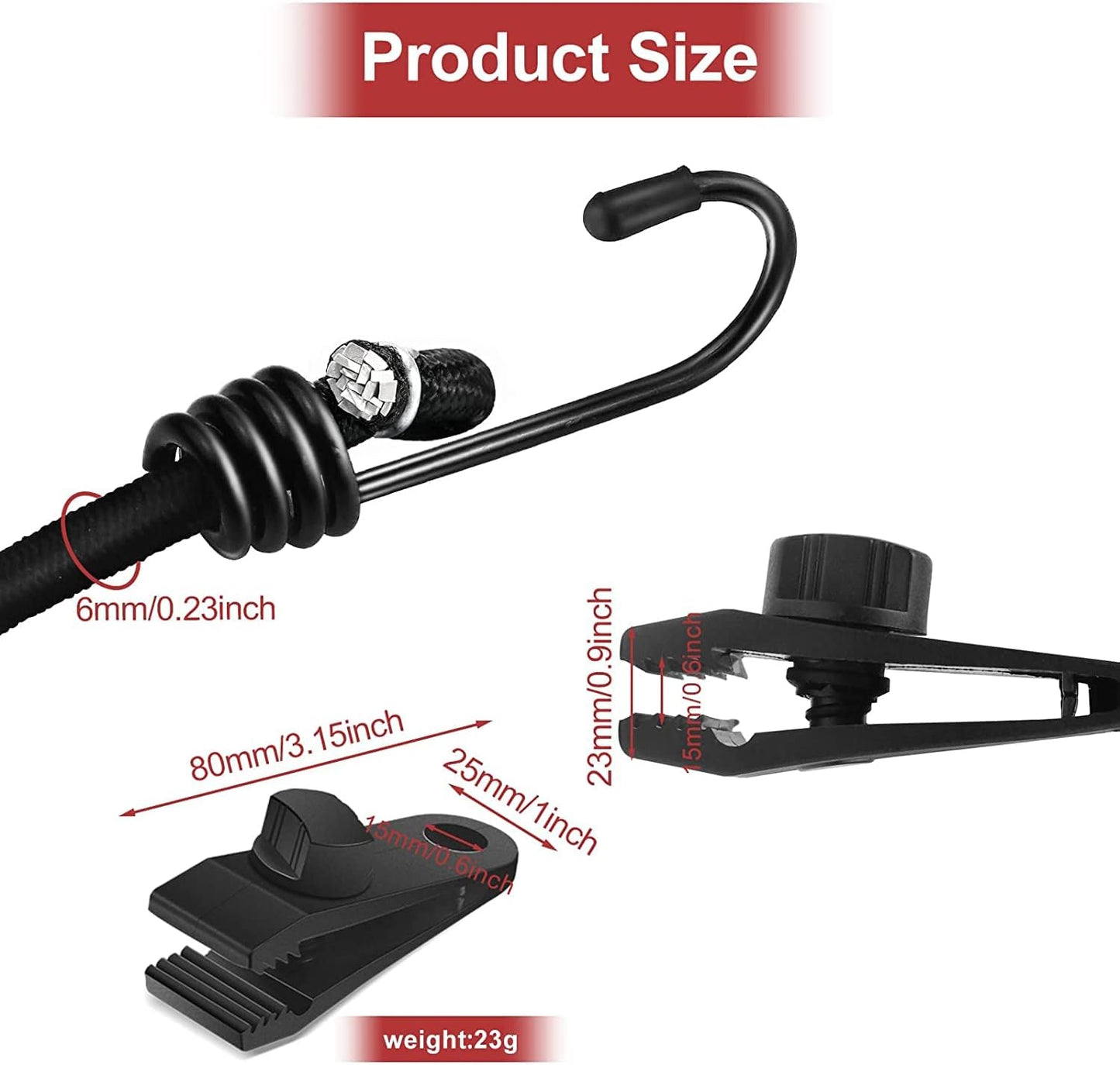 12" Heavy-Duty Bungee Cords with Metal Hooks – 10-Pack Black Straps with Tarp Clips for Bikes, Tie-Downs, Camping, Cargo & Luggage