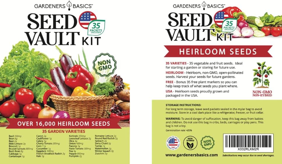Survival Vegetable Seed Kit – 16,000+ Non-GMO Heirloom Seeds, 35 Varieties for Emergency Bugout & Gardening (Includes 35 Plant Markers)