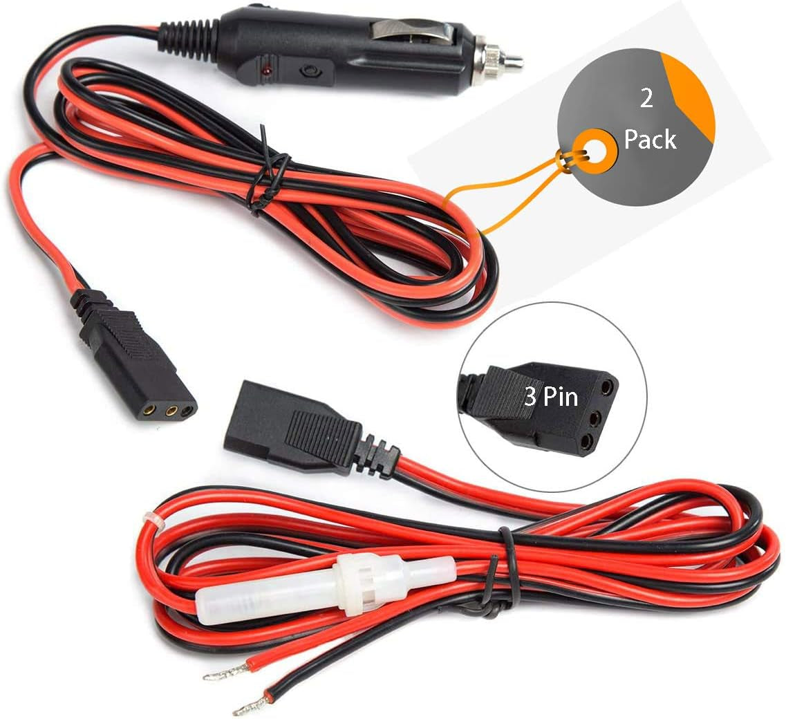 CB Radio Power Cord – 15A 2-Wire 3-Pin Cable with 12V Cigarette Lighter Plug (2-Pack)