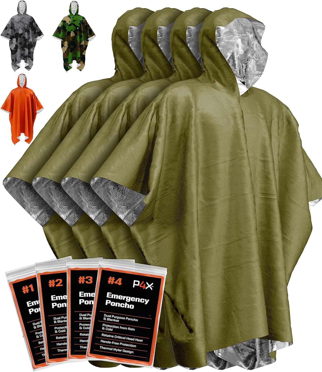 Emergency Thermal Poncho – Heavy-Duty Mylar-Lined Waterproof Rain Poncho for Camping, Outdoors & Car Emergency Kits (Green)