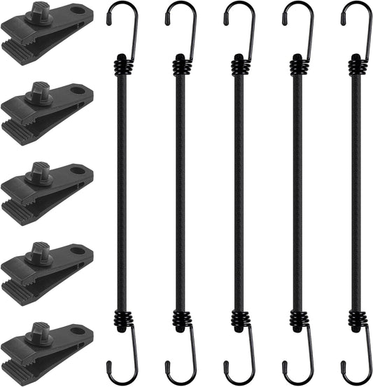 12" Heavy-Duty Bungee Cords with Metal Hooks – 10-Pack Black Straps with Tarp Clips for Bikes, Tie-Downs, Camping, Cargo & Luggage