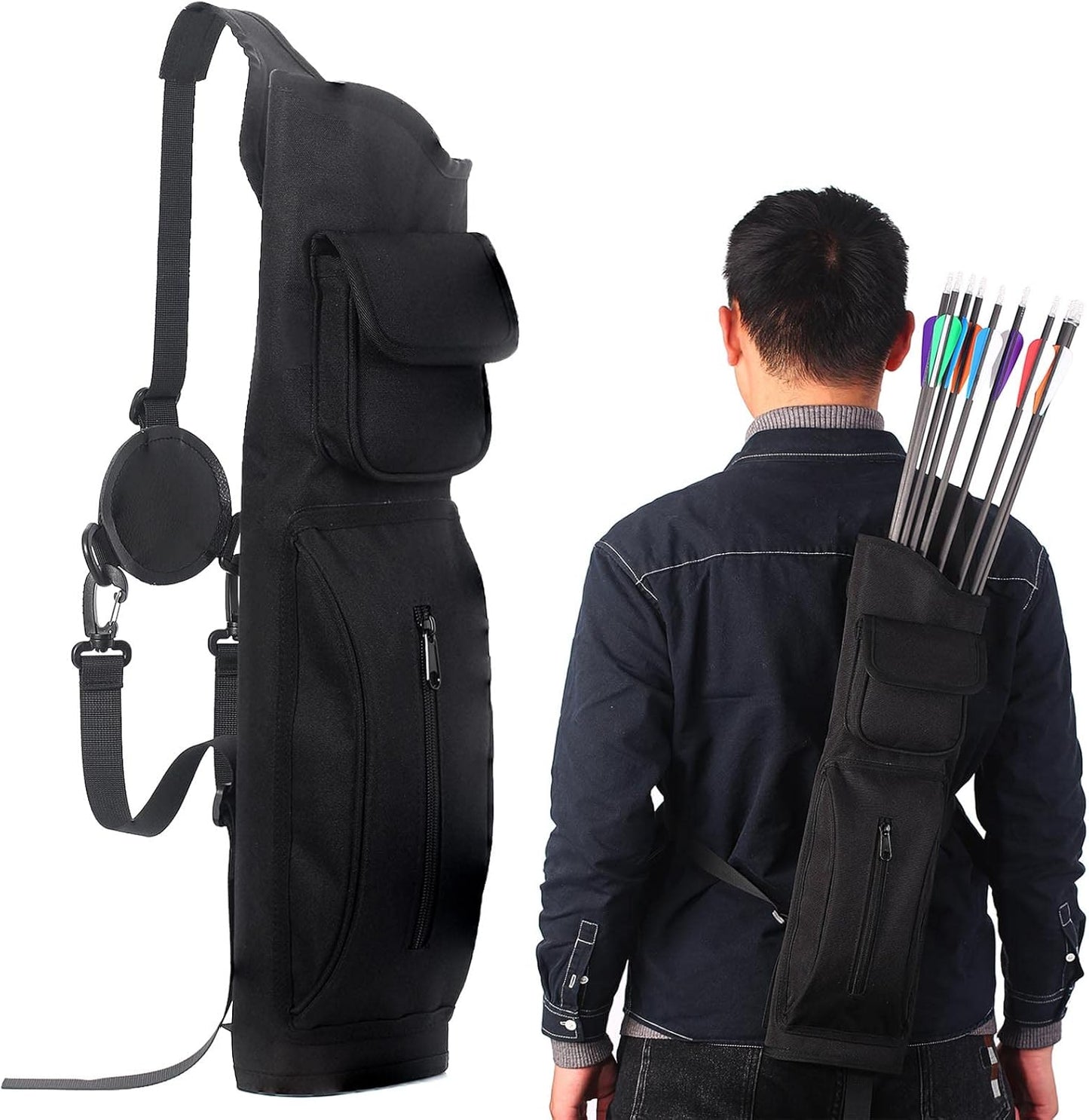 Adjustable Archery Back Quiver – Shoulder-Carry Arrow Holder with Front Pockets