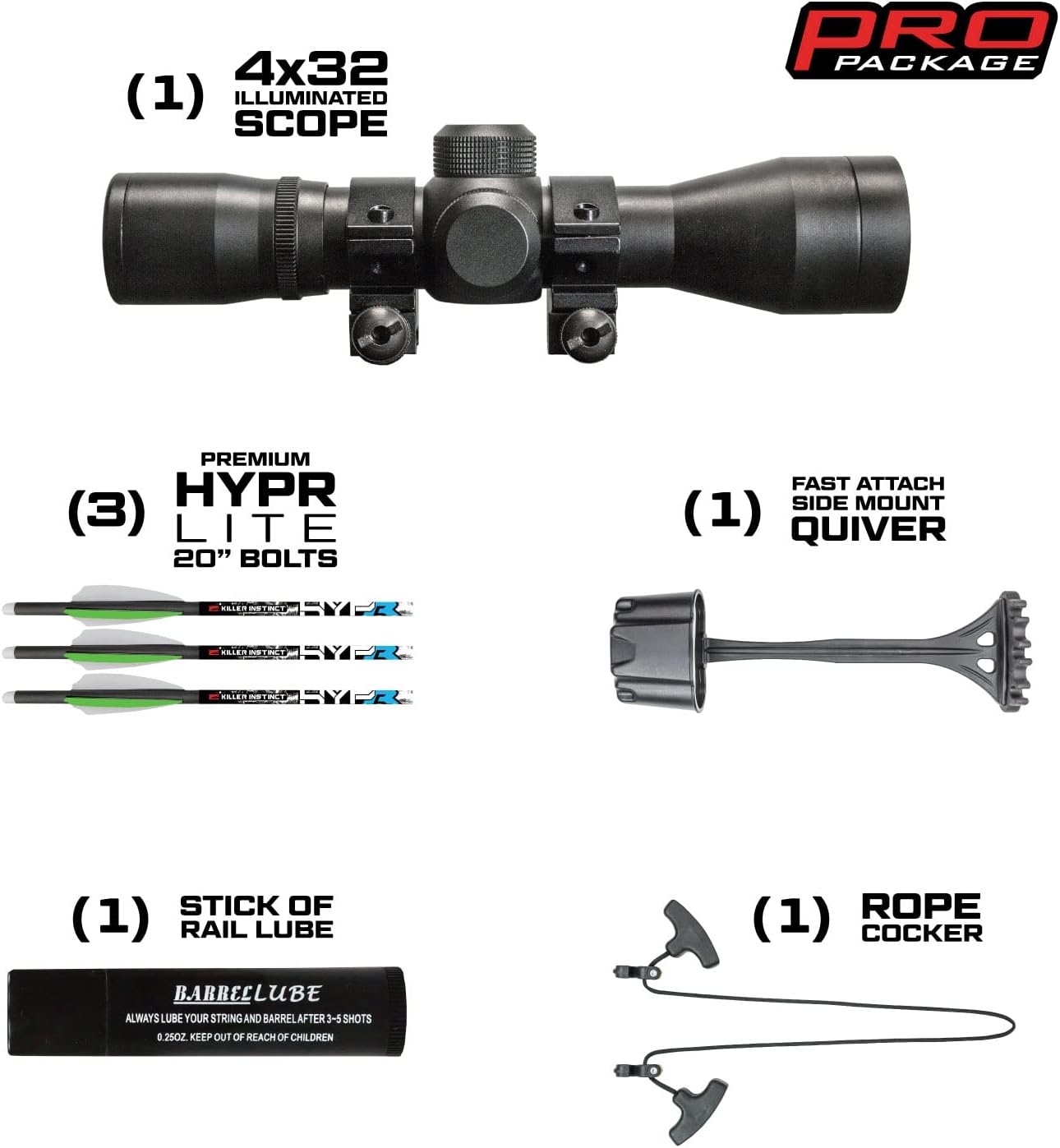 Boss 405 Crossbow Pro Package – 4x32 IR-W Scope, Rope Cocker, String Suppressors, Quiver, Hypr Lite Bolts & Rail Lube