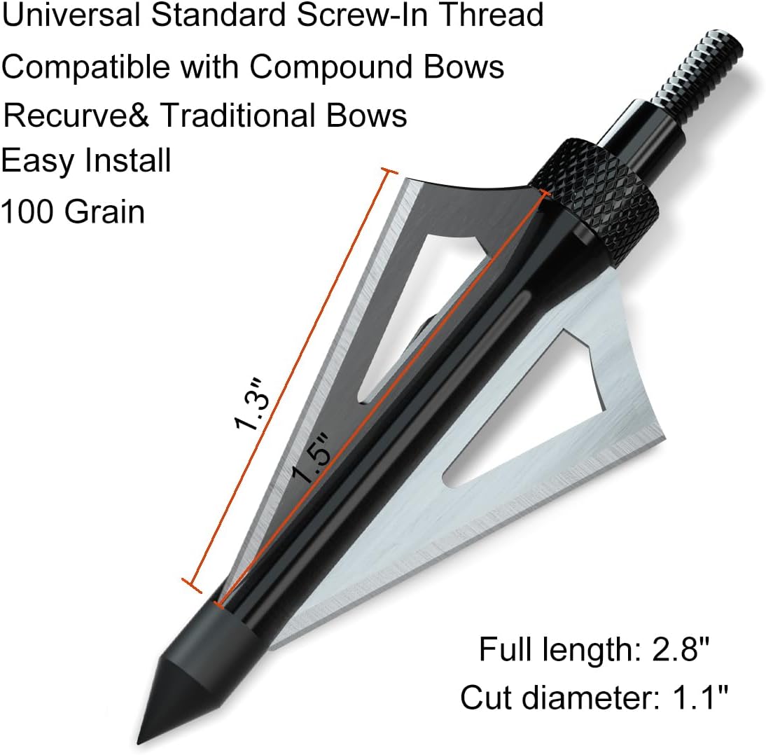 12-Pack Hunting Broadheads – 100-Grain 3-Blade Screw-In Arrow Tips for Traditional & Compound Bows