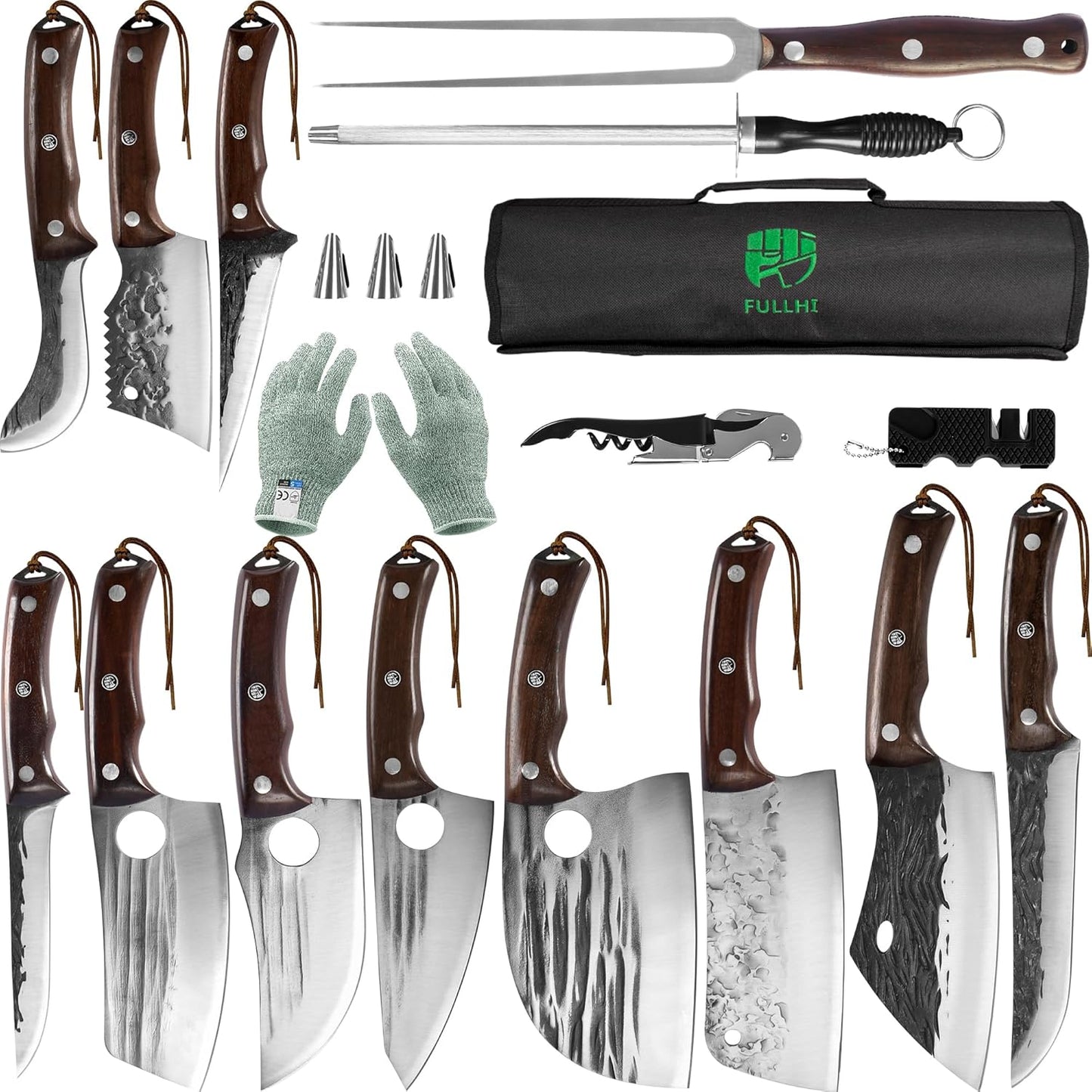 17-Piece Butcher Chef Knife Set – High Carbon Steel Cleavers & Kitchen Knives with Sheaths & Knife Bag for Home, BBQ & Camping