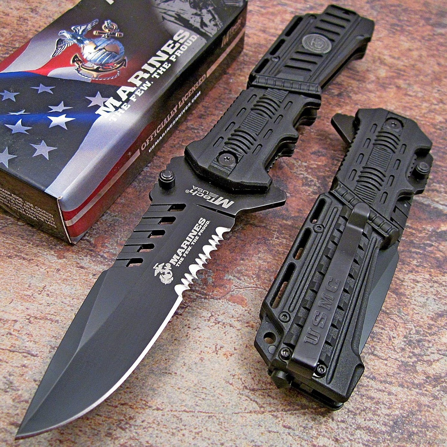 USA Marines Black Spring-Assisted Tactical Folding Knife – Rescue Pocket Knife with Assisted Opening