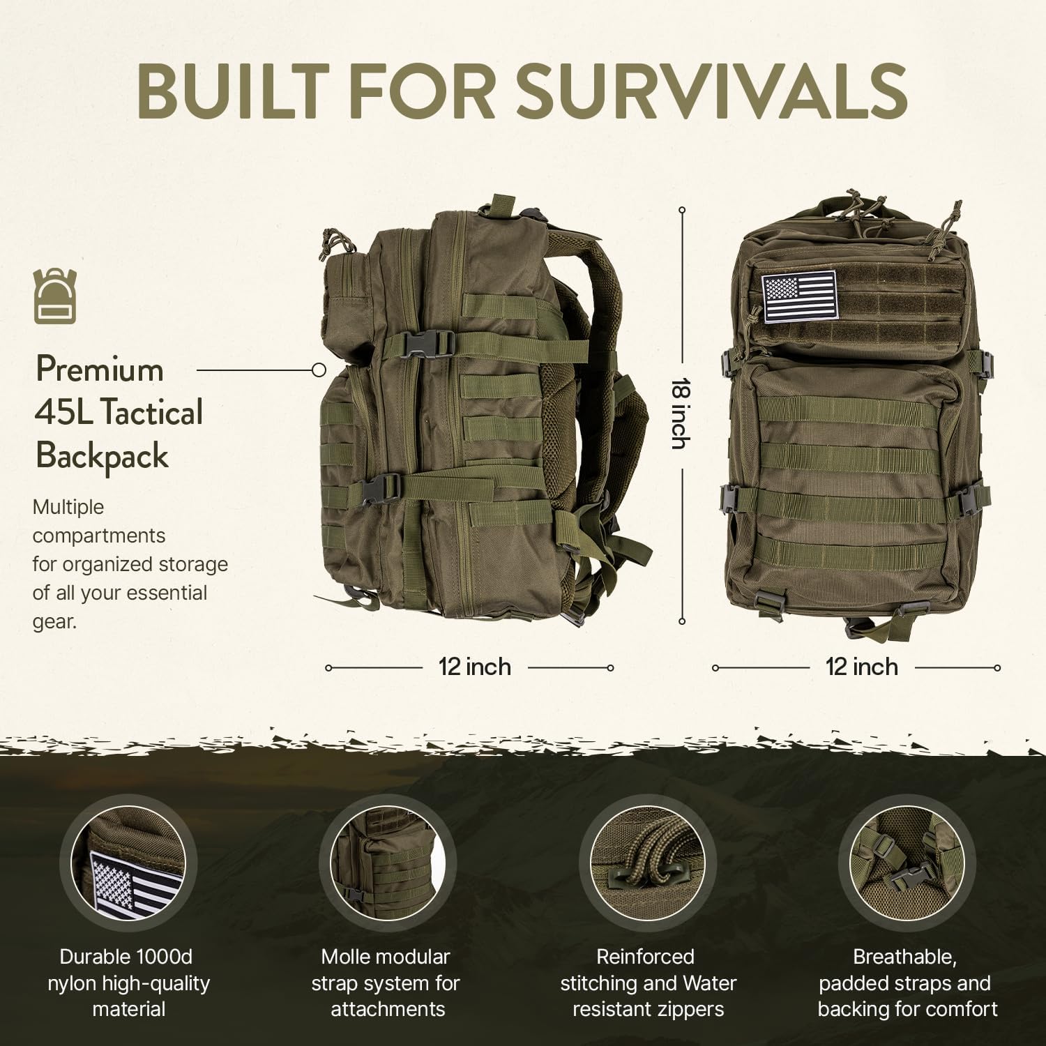 72-Hour Survival Kit – 45L Bug Out Bag with First Aid, Water Filter, Food & Tools for Camping & Emergency Preparedness