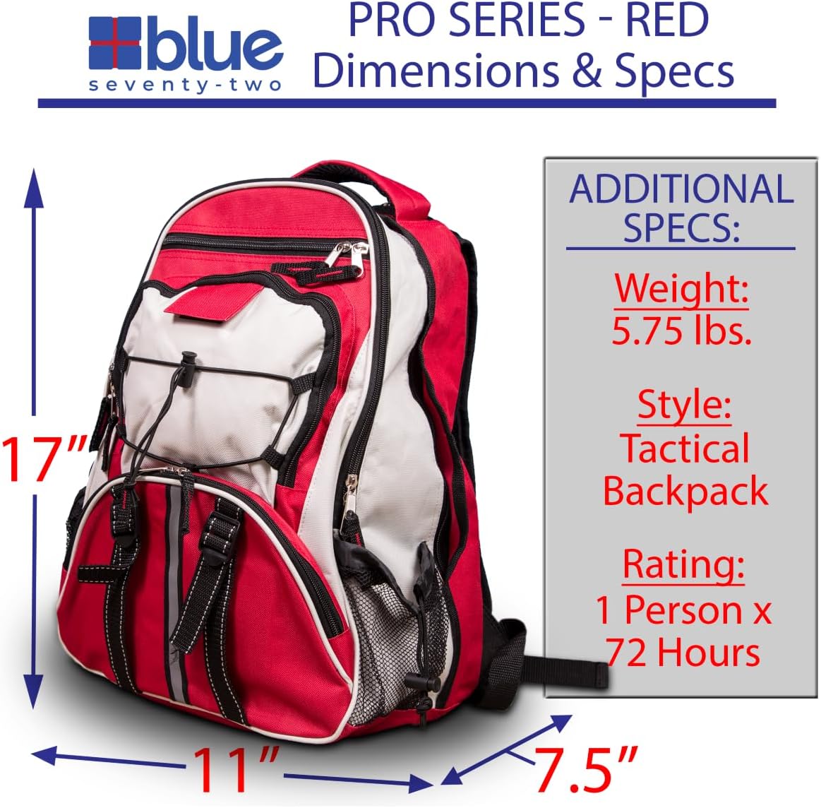 Blue Seventy-Two Pro Series – 72-Hour Emergency Survival Backpack Kit for 1 Person with Water Purification Tablets