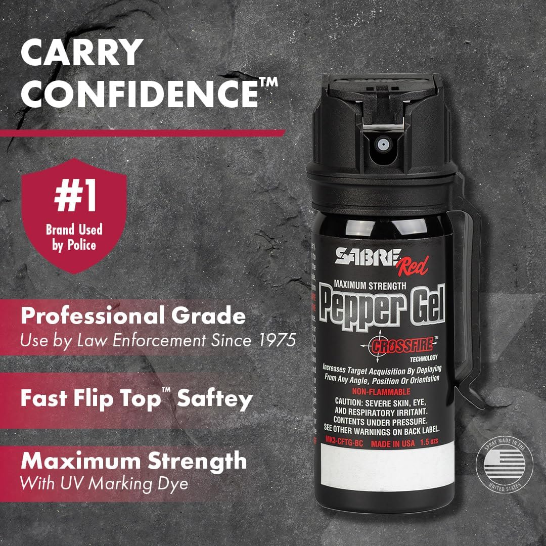 Crossfire Pepper Gel – 1.5oz Maximum Strength OC Spray with 360° Deployment, Fast Flip-Top & Belt Clip for Self-Defense