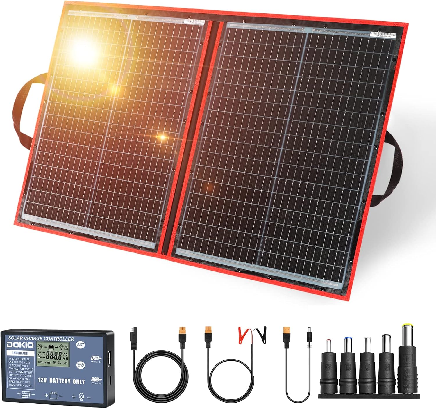 110W 18V Portable Foldable Solar Panel Kit – 12V Battery & Power Station Charger with Solar Controller & Dual USB Ports for RV, Camping, Trailer & Emergency Power (21x28”, 5.9lb)