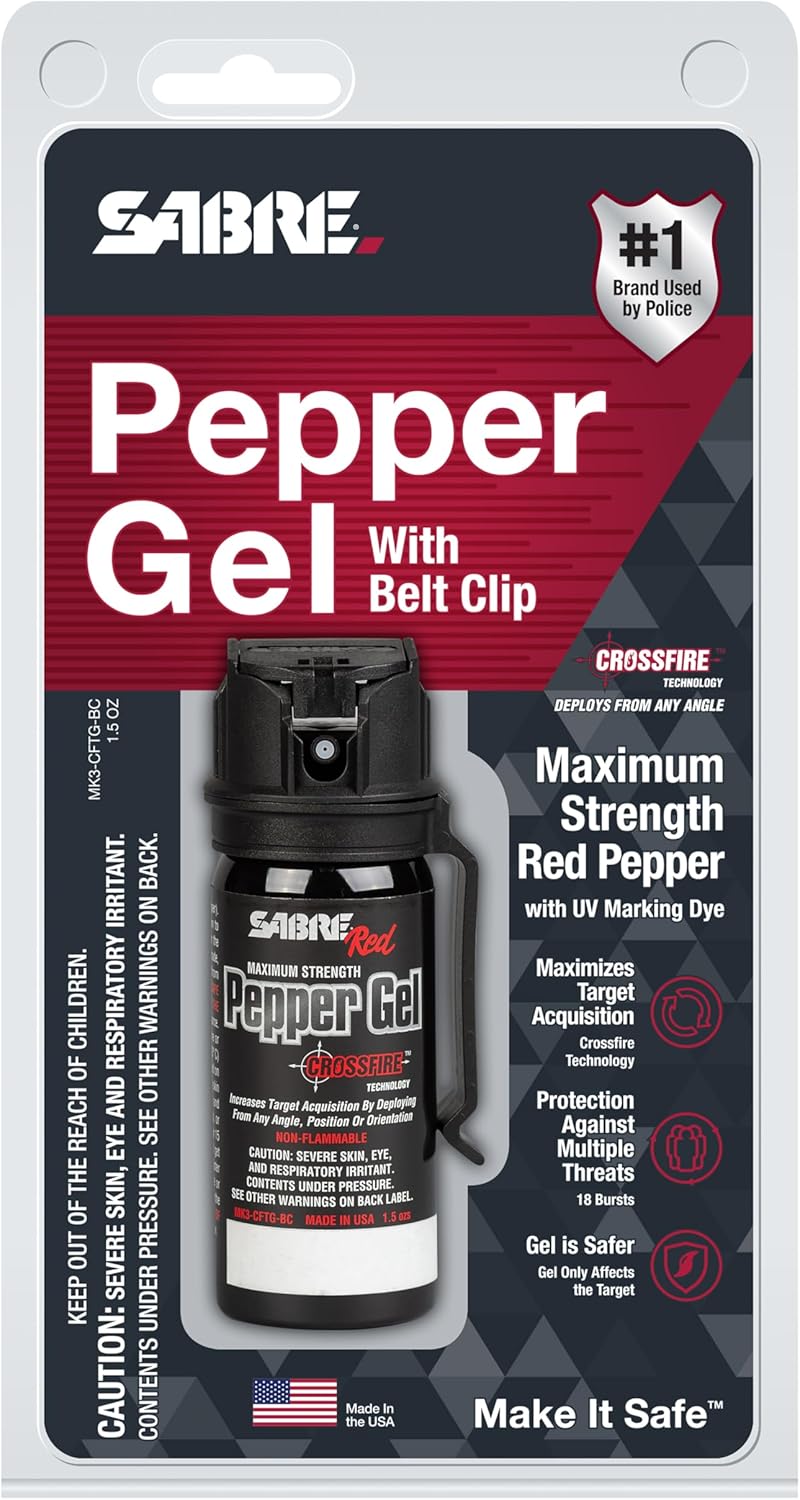 Crossfire Pepper Gel – 1.5oz Maximum Strength OC Spray with 360° Deployment, Fast Flip-Top & Belt Clip for Self-Defense