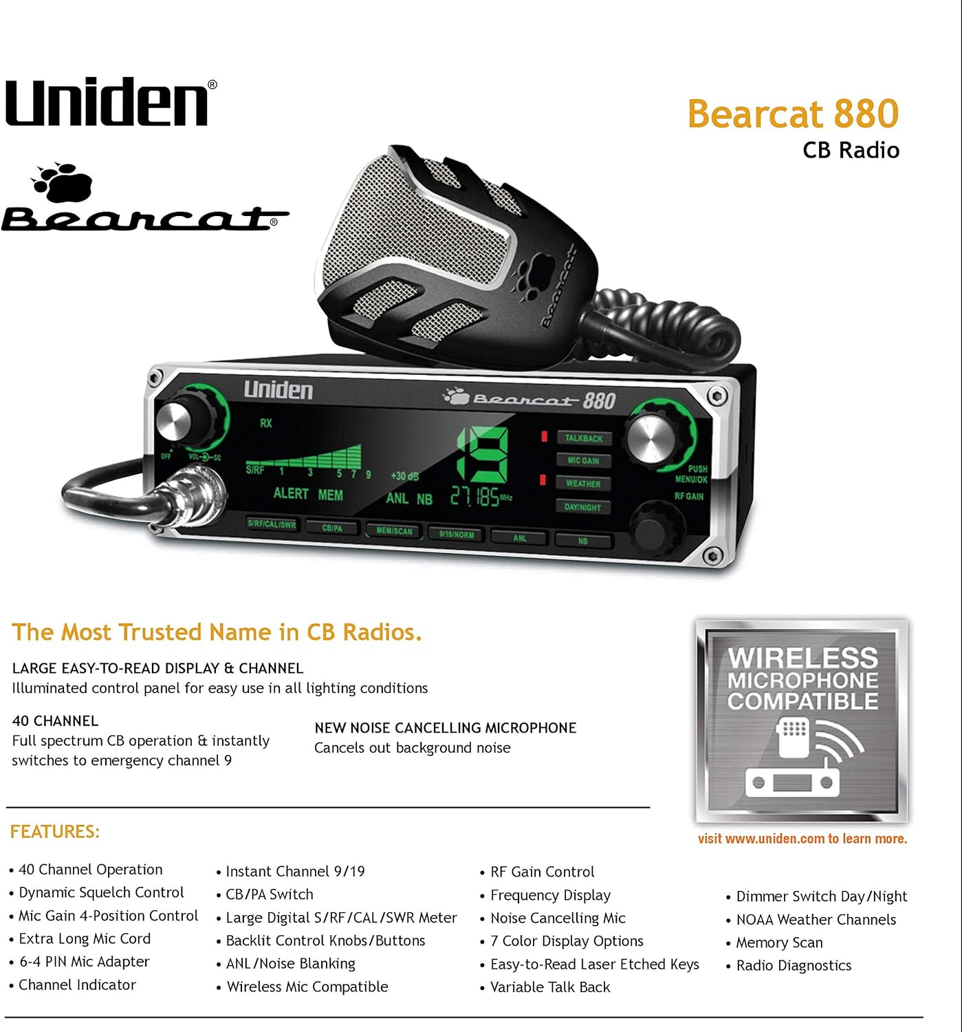 Uniden BEARCAT 880 CB Radio – 40 Channels, 7-Color Backlit LCD, NOAA Weather Alerts & Wireless Mic Compatibility