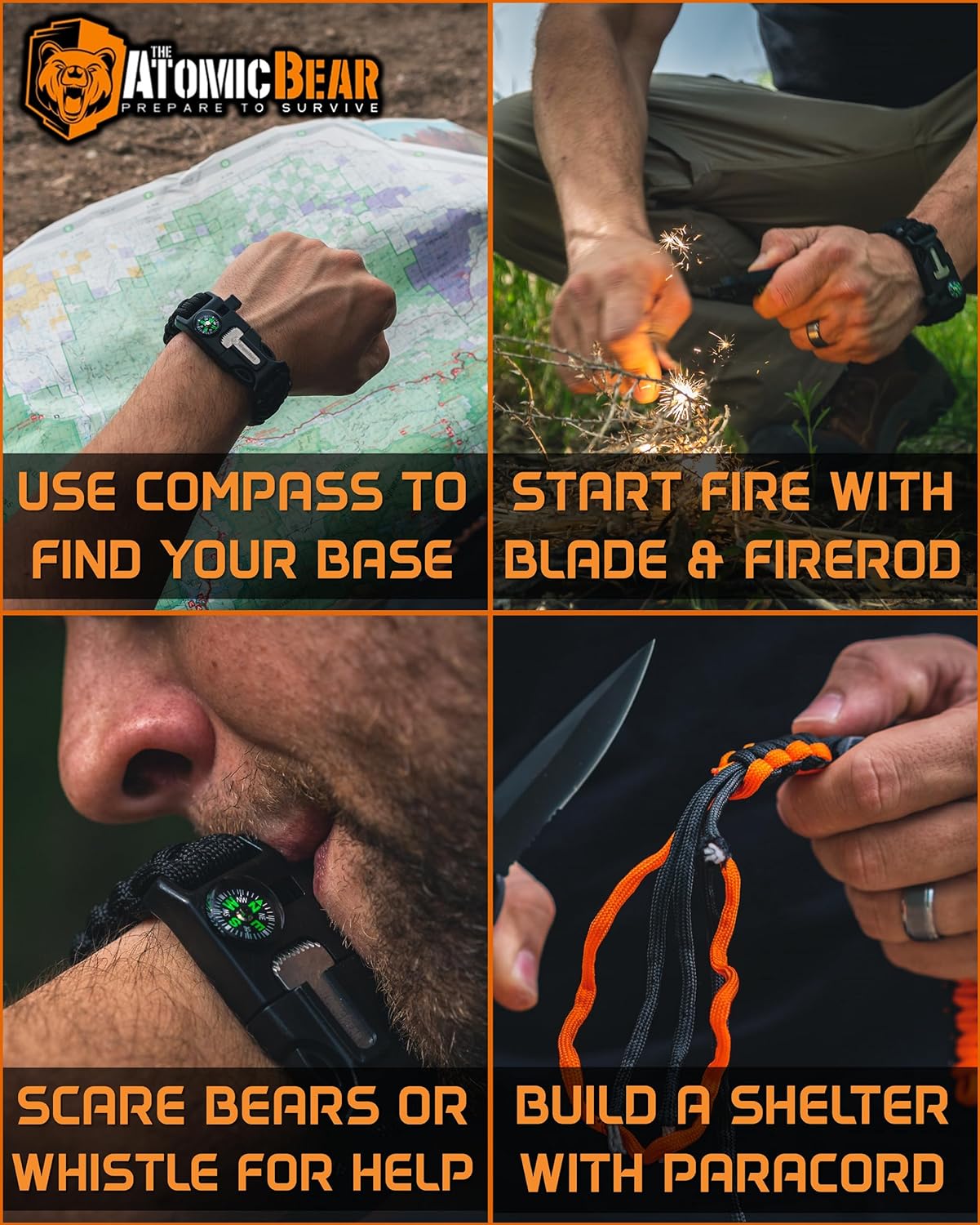 Atomic Bear Paracord Bracelet (2-Pack) – Adjustable Survival Gear with Fire Starter & Whistle for Hiking, Camping & Hunting (Black & Black/Orange)