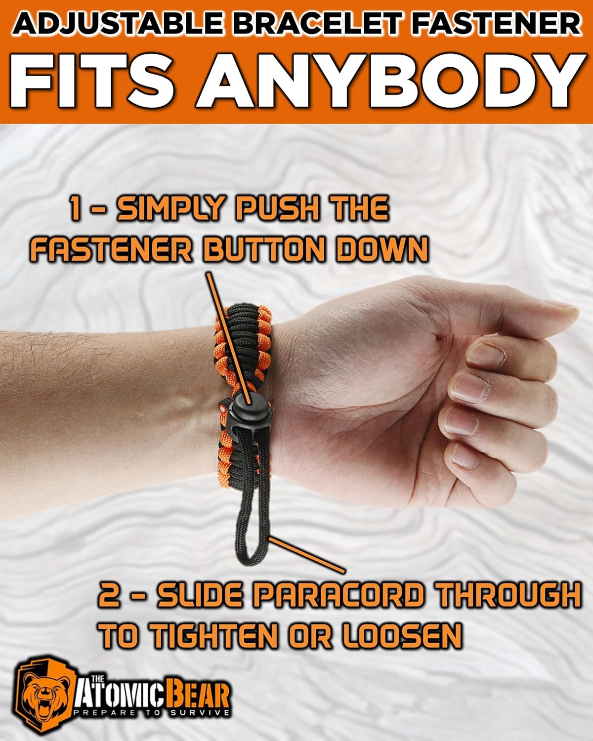 Atomic Bear Paracord Bracelet (2-Pack) – Adjustable Survival Gear with Fire Starter & Whistle for Hiking, Camping & Hunting (Black & Black/Orange)