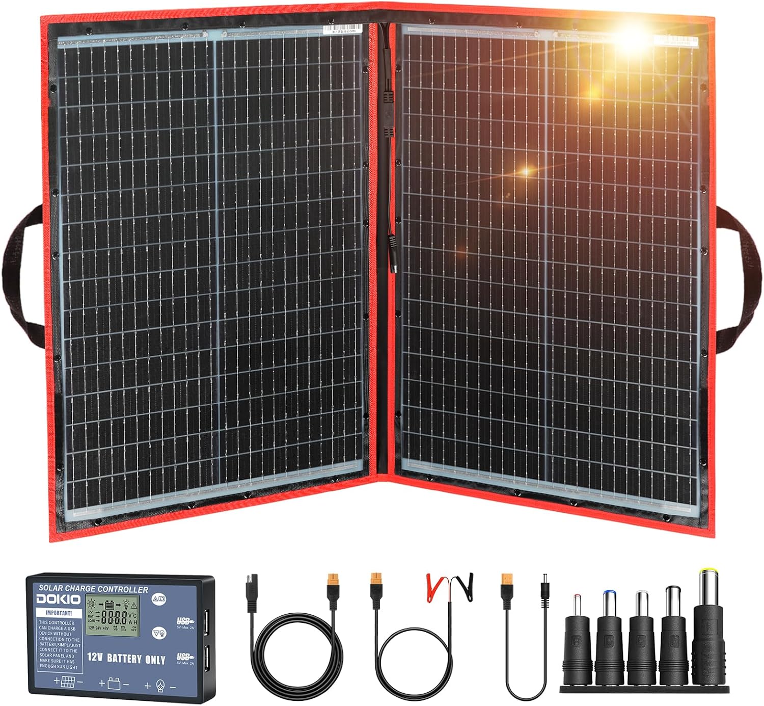 110W 18V Portable Foldable Solar Panel Kit – 12V Battery & Power Station Charger with Solar Controller & Dual USB Ports for RV, Camping, Trailer & Emergency Power (21x28”, 5.9lb)