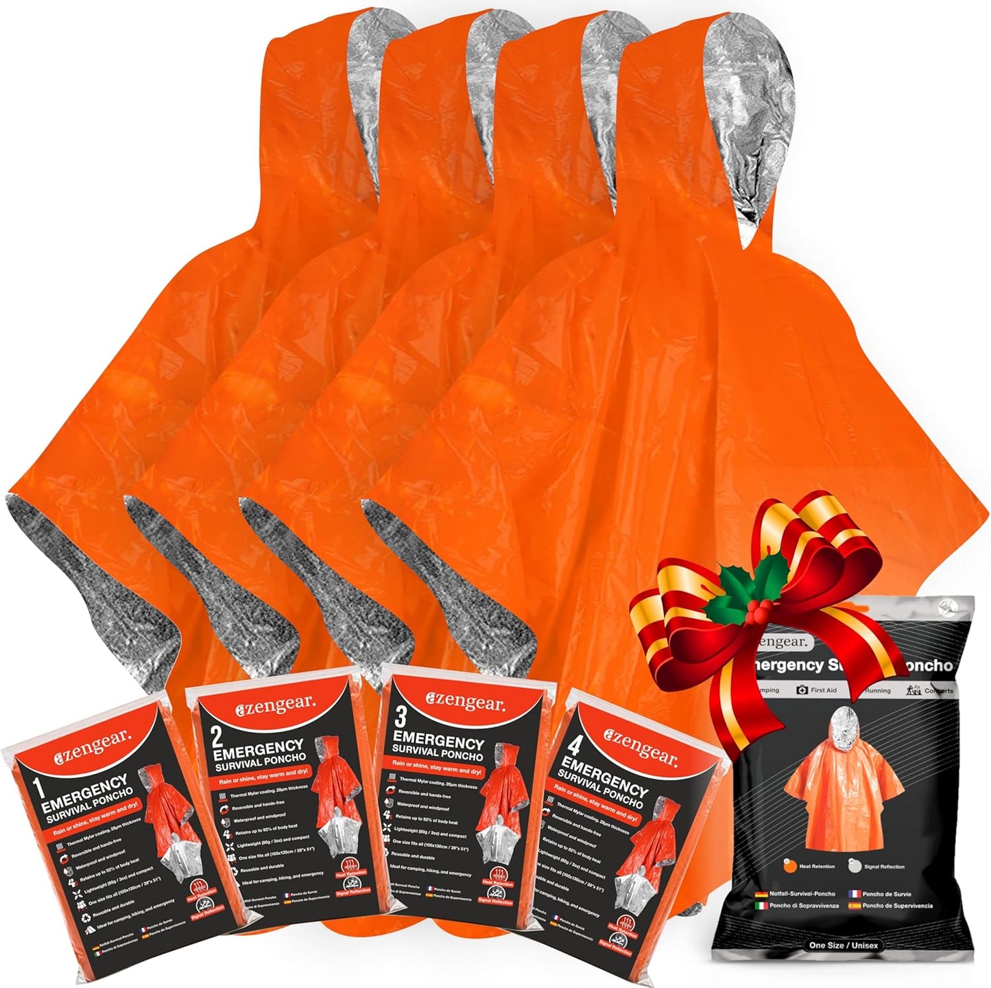 4-Pack Emergency Survival Ponchos – Thermal Mylar Blanket with Hood for Heat Retention, Waterproof & Windproof Protection