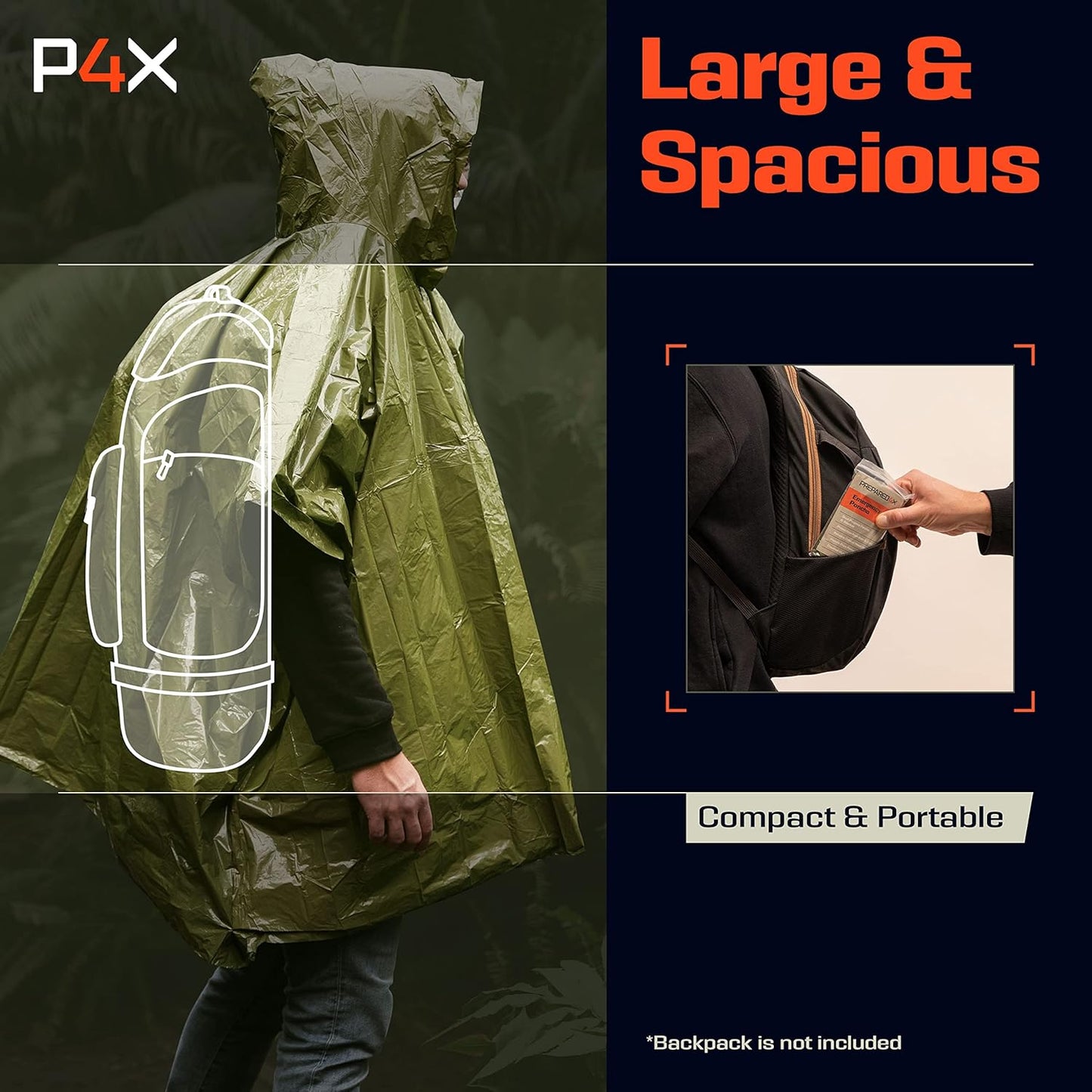 Emergency Thermal Poncho – Heavy-Duty Mylar-Lined Waterproof Rain Poncho for Camping, Outdoors & Car Emergency Kits (Green)