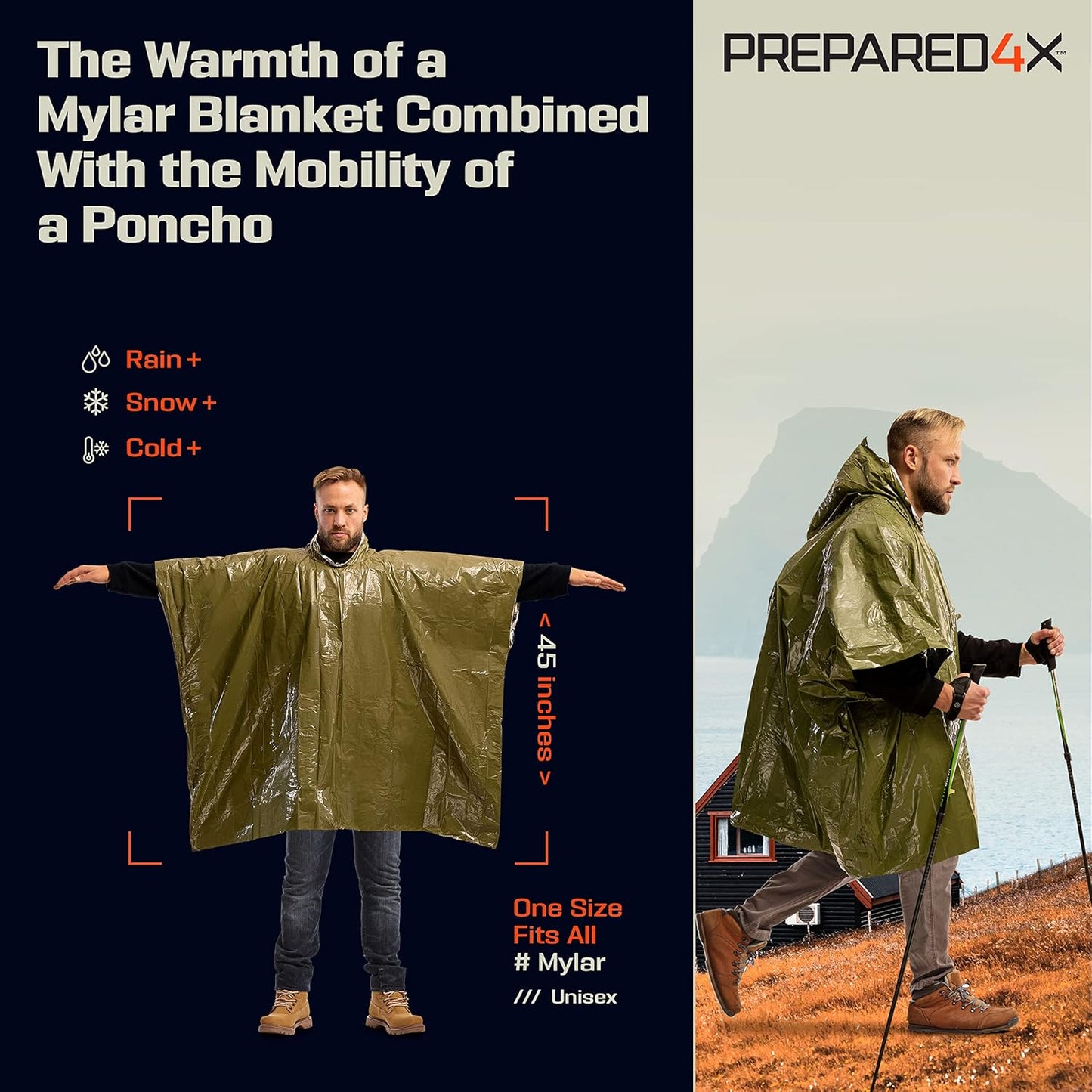 Emergency Thermal Poncho – Heavy-Duty Mylar-Lined Waterproof Rain Poncho for Camping, Outdoors & Car Emergency Kits (Green)