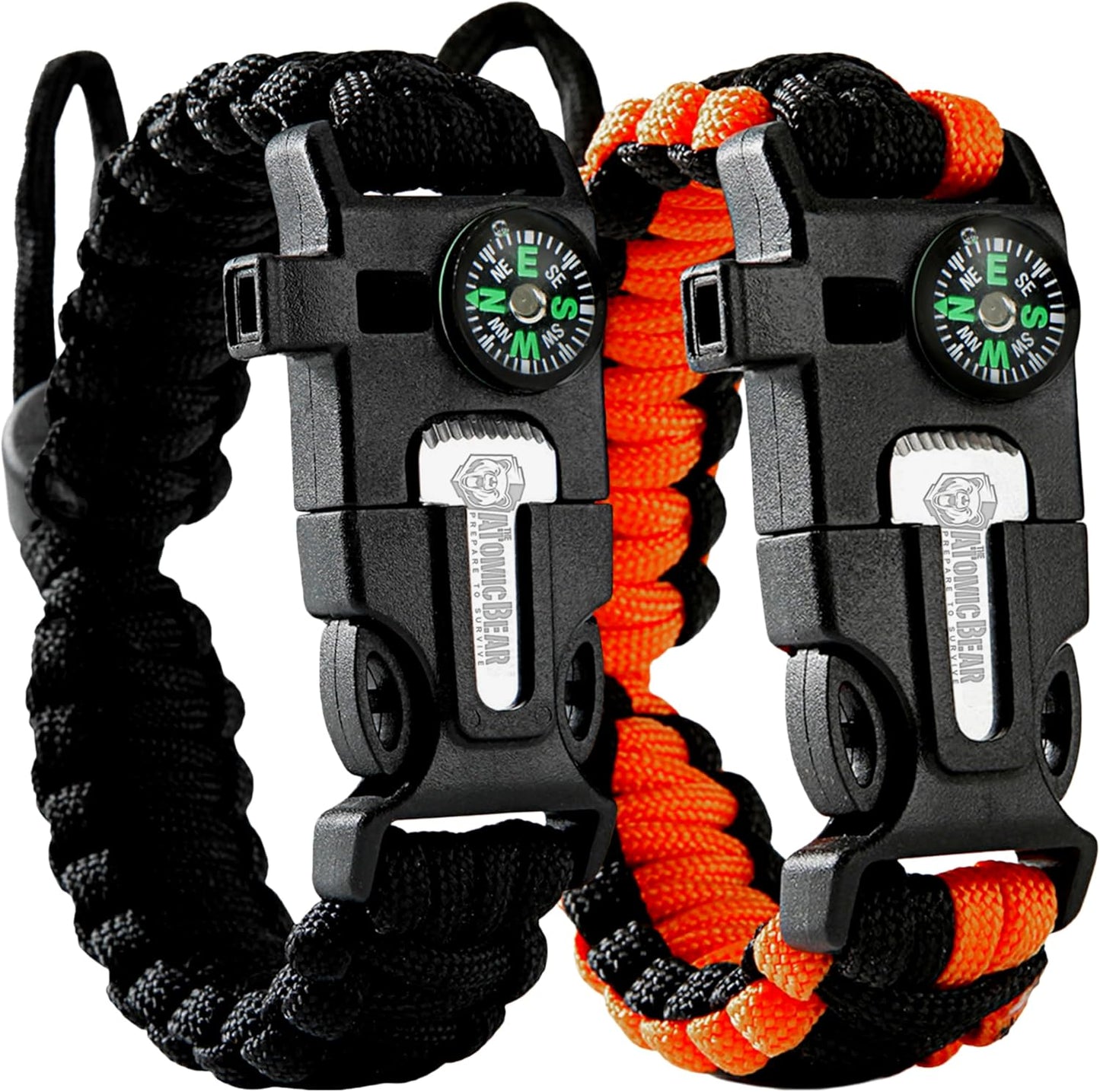 Atomic Bear Paracord Bracelet (2-Pack) – Adjustable Survival Gear with Fire Starter & Whistle for Hiking, Camping & Hunting (Black & Black/Orange)