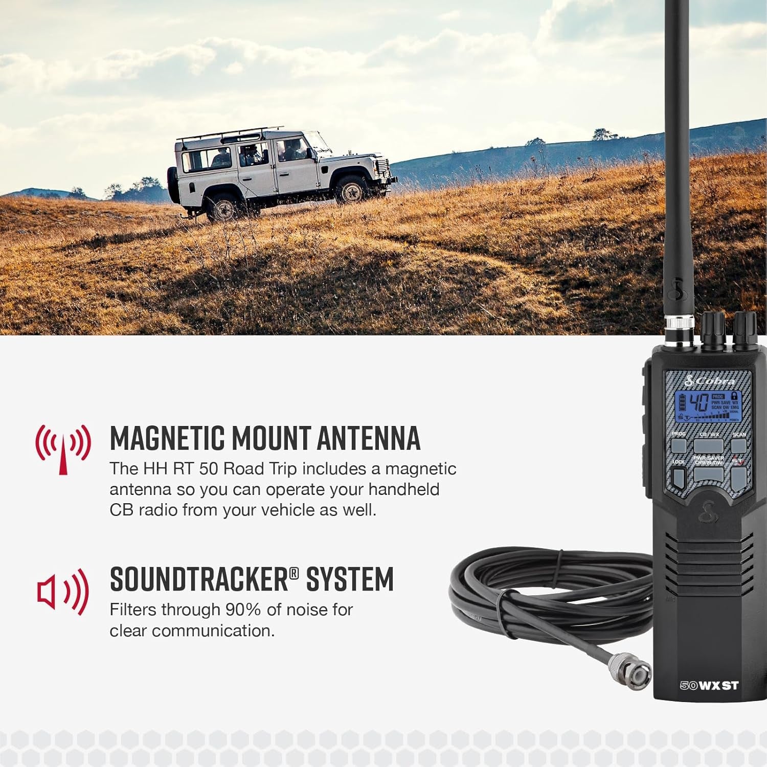 Cobra HHRT50 Road Trip CB Radio – Handheld 2-Way Emergency Radio with 40 Channels, NOAA Weather Alerts, Magnet Mount Antenna & Omni-Directional Mic (Black)