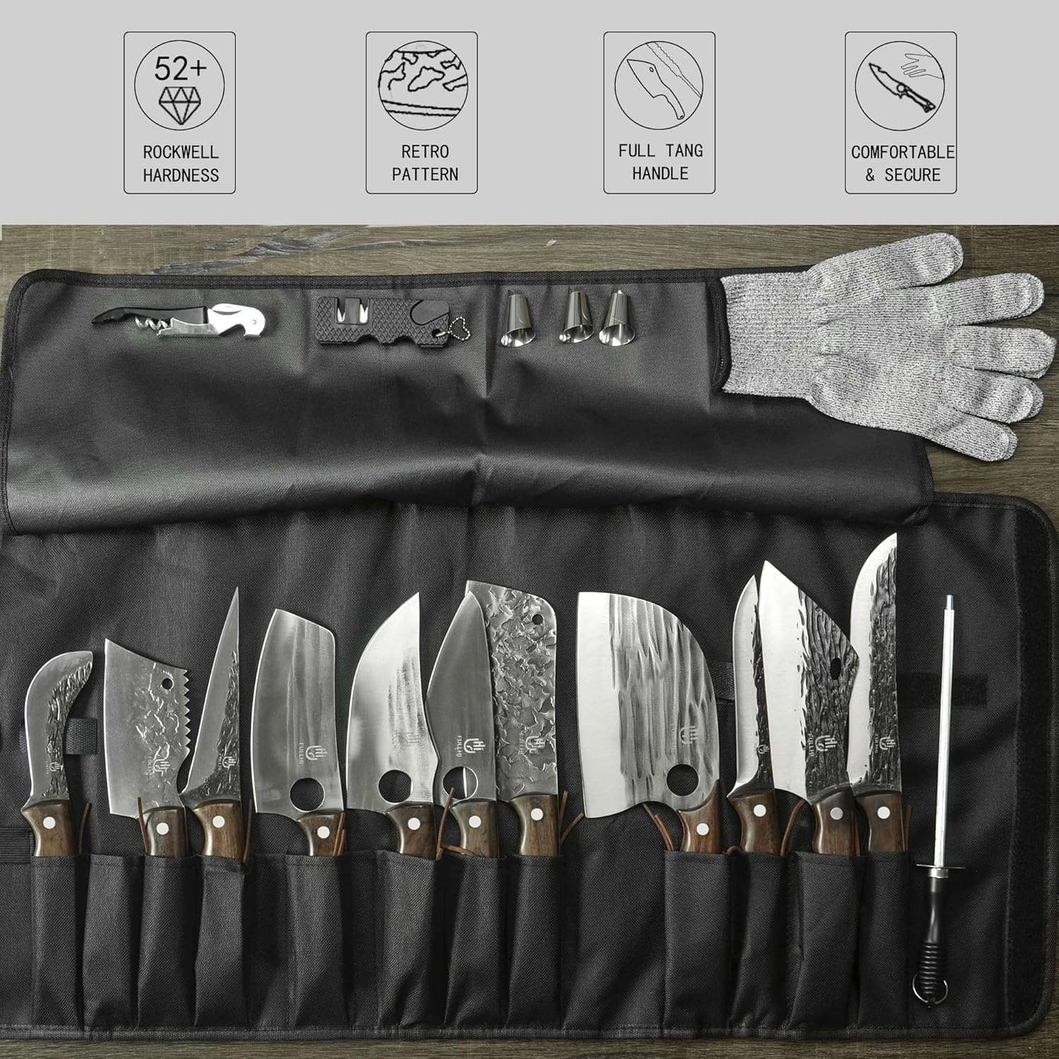 17-Piece Butcher Chef Knife Set – High Carbon Steel Cleavers & Kitchen Knives with Sheaths & Knife Bag for Home, BBQ & Camping