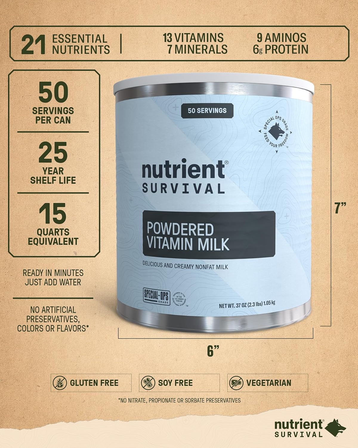 Freeze-Dried Vitamin Powdered Milk – Emergency Food Supply with 21 Nutrients, Soy & Gluten-Free, 25-Year Shelf Life (50 Servings)