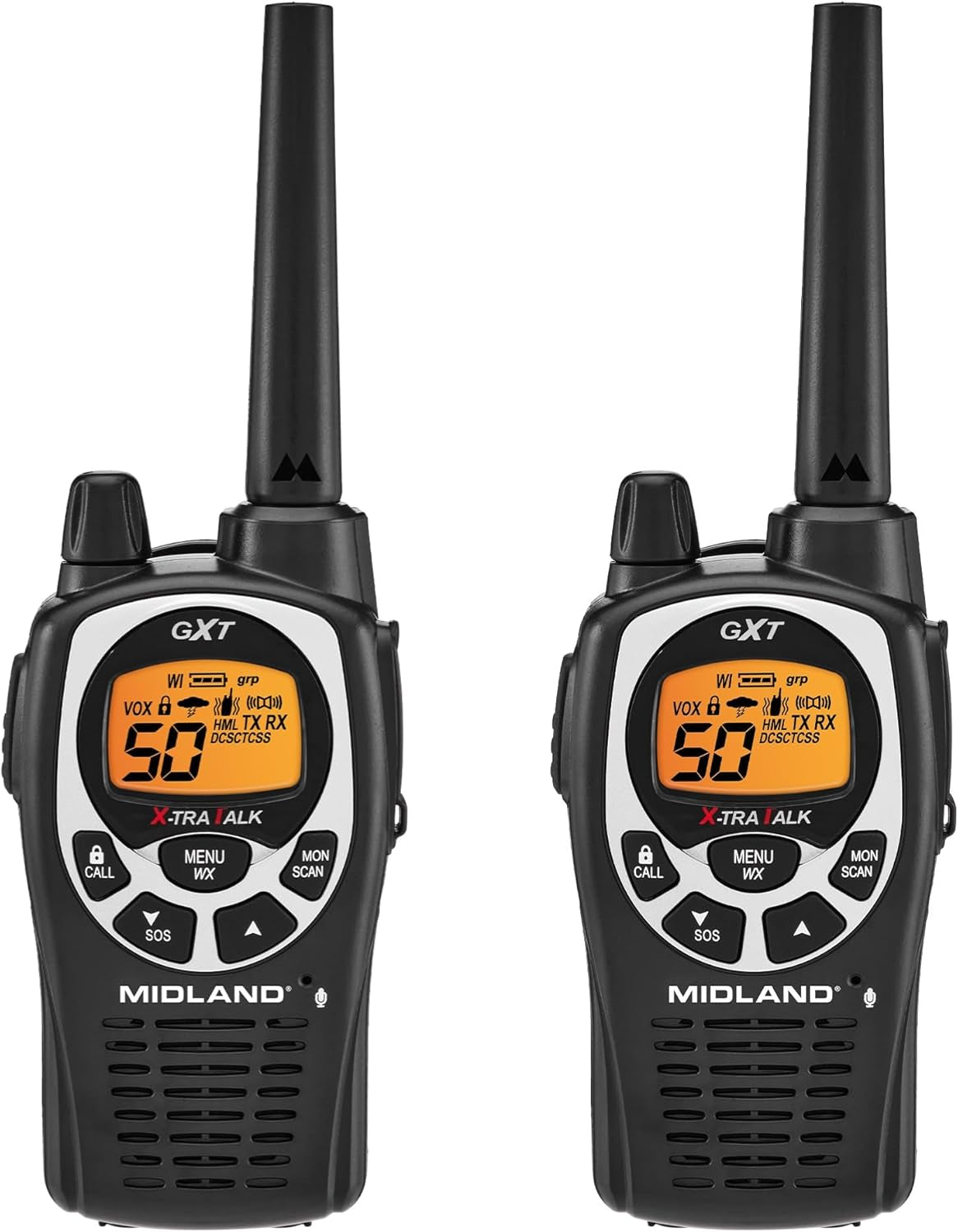 GXT1000VP4 50-Channel GMRS Two-Way Radio – Long-Range Walkie Talkie with 142 Privacy Codes, SOS Siren & NOAA Weather Alerts (Black/Silver, 2-Pack)