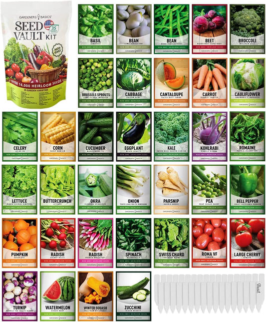 Survival Vegetable Seed Kit – 16,000+ Non-GMO Heirloom Seeds, 35 Varieties for Emergency Bugout & Gardening (Includes 35 Plant Markers)