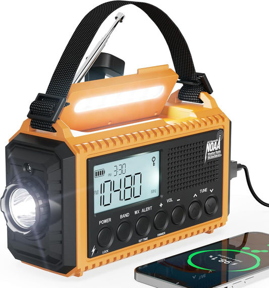 5000 Emergency Weather Radio – AM/FM/NOAA/SW, Solar & Hand Crank Powered, LCD Display, SOS Alert, Flashlight & Phone Charger