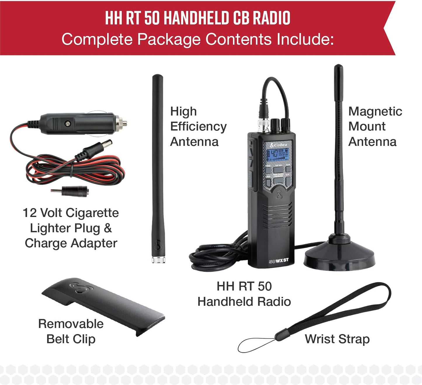 Cobra HHRT50 Road Trip CB Radio – Handheld 2-Way Emergency Radio with 40 Channels, NOAA Weather Alerts, Magnet Mount Antenna & Omni-Directional Mic (Black)